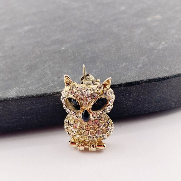 VINTAGE Clear rhinestone owl on perch brooch c. 1980s 1990s does 1940s 1950s pin - Picture 5 of 6